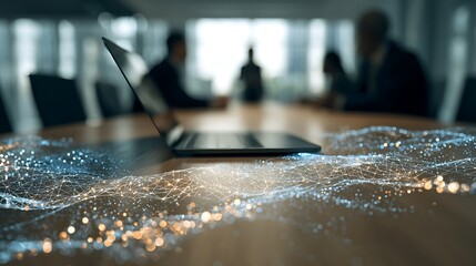 Laptop on a conference table with digital network overlay and blurred business people in the background