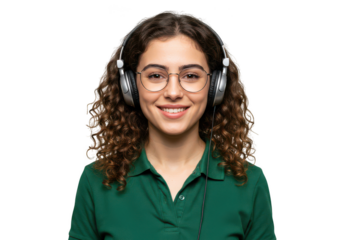 Smiling woman with headphones and glasses isolated on transparent background