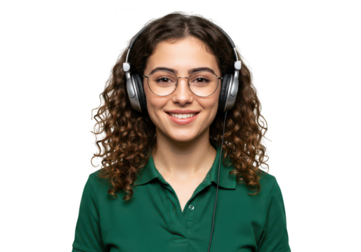 Smiling woman with headphones and glasses isolated on transparent background