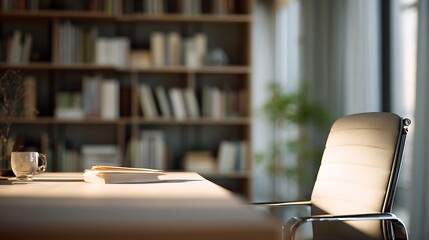 A bright study room featuring a desk with books and a mug, a chair, and a bookshelf in the background