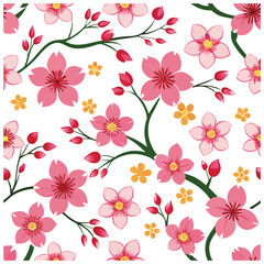 Seamless Spring Floral Pattern with Pink Cherry Blossoms and Green Leaves on White Background