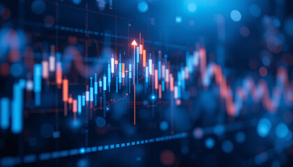 Blue and Red Financial Trading Chart on Digital Screen, Stock Market Data Graph, Abstract Economy Analysis Background with Indicators