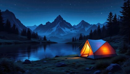 Peaceful Lakeside Camping at Night Under a Starry Sky, Offering a Digital Detox and Promoting a Slow Living Lifestyle