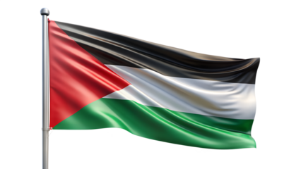 The flag of palestine waving in the wind, isolated on a transparent background