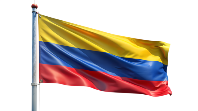 Colombian flag waving on a flagpole isolated on transparent background