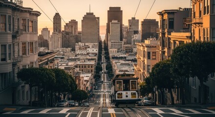 Cityscape view down a San Francisco hill with a cable car