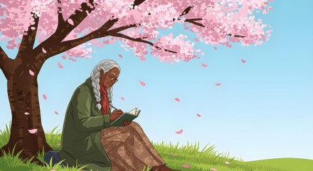 Peaceful Senior Woman Practices Digital Detox and Mindful Slow Living while Journaling Under a Cherry Blossom Tree