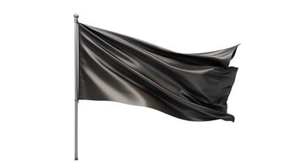 A plain black flag made of fabric, waving in the wind on a flagpole, isolated on a transparent background, representing various concepts like power or protest