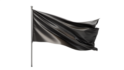 A plain black flag made of fabric, waving in the wind on a flagpole, isolated on a transparent background, representing various concepts like power or protest