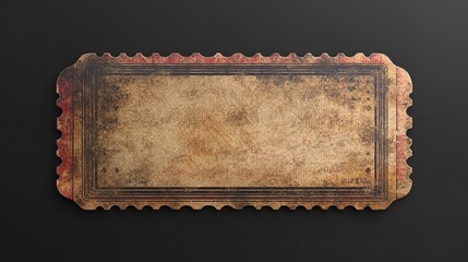 A weathered rectangular stamp with scalloped edges and a dark border on a dark gray background