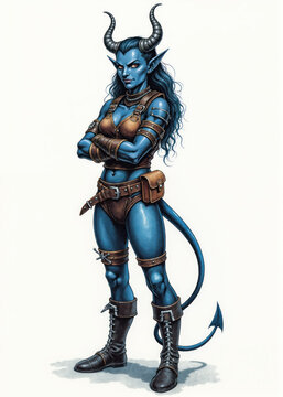 Tiefling female rogue with midnight blue skin standing sideways, arms crossed &ndash; classic fantasy RPG character in old-school tabletop style, stoic infernal thief or spy concept