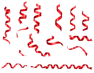 Floating Red Ribbon Elements in Dynamic Flowing Shapes, 3D PNG Style, isolated on a transparent background.