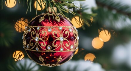 Close-up of a red Christmas ornament,  adorned with gold detailing, hanging on a snowy fir tree with blurred lights