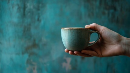 Close-up of a hand holding a ceramic coffee cup
