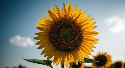 Obraz premium Close-up of a vibrant sunflower against a partly cloudy sky. Bright, golden yellow petals surround a dark brown disc center. Slight blur of other sunflowers and foliage in the background