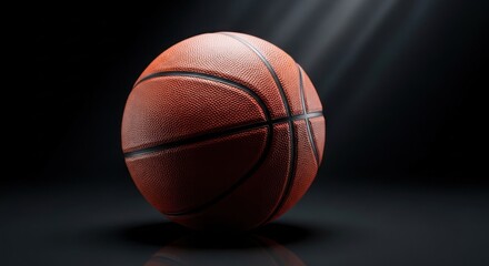 Obraz premium Close-up of a basketball, orange with dark seams, bathed in spotlight against a dark background