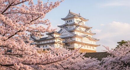 Fototapeta premium Cherry blossoms frame a pristine white castle