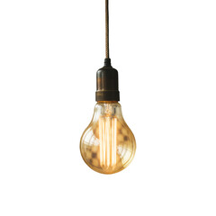 Vintage edison light bulb hanging from a cord isolated on transparent background