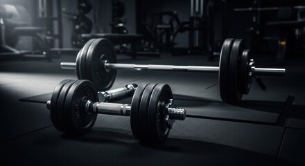 Naklejka premium Dark gym interior, weights on mat