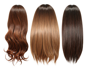 Set of Trendy Female Hair Wigs in 3D Realistic Style, isolated on a transparent background.