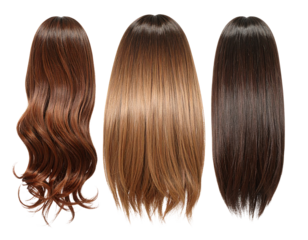 Set of Trendy Female Hair Wigs in 3D Realistic Style, isolated on a transparent background.