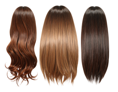 Set of Trendy Female Hair Wigs in 3D Realistic Style, isolated on a transparent background.