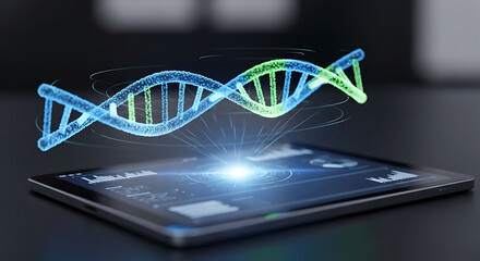 A luminous DNA structure hovers above a futuristic tablet displaying scientific information.