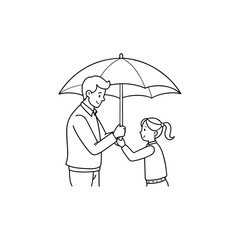 Father holding umbrella over daughter isolated on white background