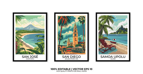 Set of 3 Vintage travel posters, Vintage travel illustrations, Vector colorful illustrations. Trendy printable wall art with beautiful landscapes.