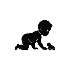 Baby crawling and playing with a toy isolated on a white background