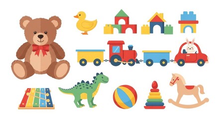 Naklejka premium Flat illustration of a delightful collection of colorful childrens toys including a teddy bear, duck, train, blocks, car, dinosaur, and more
