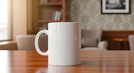 Obraz premium White mug sits on a polished wooden table in a cozy, softly lit room setting.