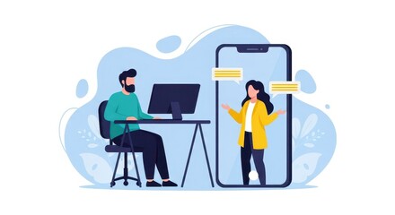Flat illustration of a man works on a computer while a woman communicates via a smartphone app, illustrating online communication and collaboration