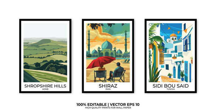 Set of 3 Vintage travel posters, Vintage travel illustrations, Vector colorful illustrations. Trendy printable wall art with beautiful landscapes.