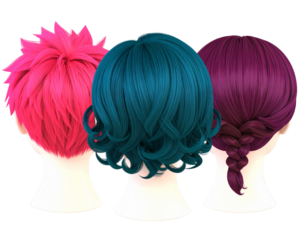 Colorful Fashion Wig Set in 3D Cartoon Style, isolated on a transparent background.