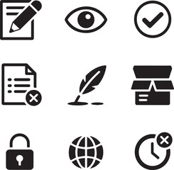 Fototapeta premium Writing eye check mark document cancel feather quill box globe lock clock cancel pencil vision