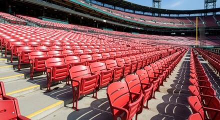 Fototapeta premium Empty red stadium seats, tiered rows, bright sunny day
