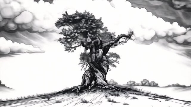 Gray scale illustration of gnarled tree