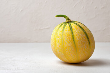 A vibrant, ripe cantaloupe rests on a textured surface against a neutral backdrop. Its warm hues and distinctive pattern are captivating.