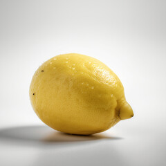 A vibrant yellow fruit with a textured skin, glistening with water droplets, rests against a bright backdrop, casting a soft shadow.