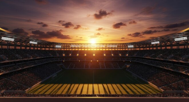Full stadium at sunset.  Massive sports arena, packed with spectators, bathed in warm golden light as the sun sets.  Empty playing field