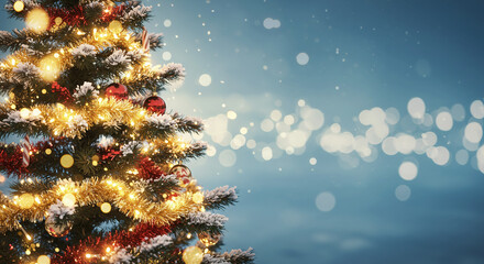 4.	Christmas winter blurred background. Xmas tree with snow decorated with garland lights, holiday festive background. Widescreen backdrop. New year Winter art design, wide screen holiday border chris
