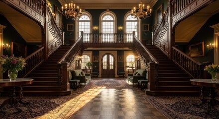 Obraz premium Grand double staircase in a stately home, sunlight streams through large windows, ornate details