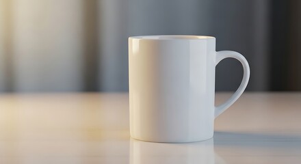 A clean, white ceramic mug sits on a softly lit table in a minimalist composition.