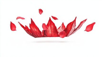 Vibrant red flower petals falling gracefully, creating a dynamic and artistic visual display on a white background.