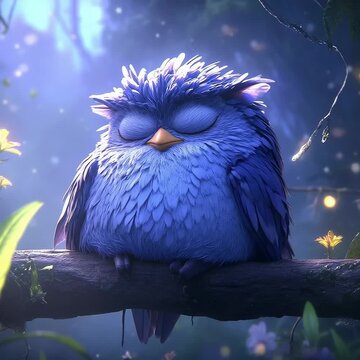 Cartoon Owl Perched on Branch, Sleeping Peacefully in Enchanted Forest