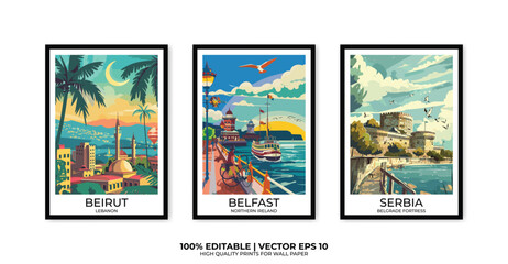 Obraz premium Set of 3 Vintage travel posters, Vintage travel illustrations, Vector colorful illustrations. Trendy printable wall art with beautiful landscapes.