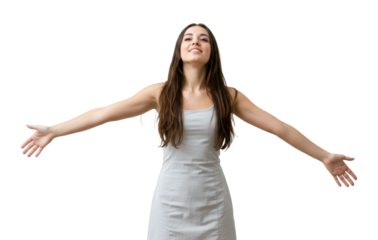 Caucasian young female with long brown hair in white dress embracing open arms gesture. Cut out PNG