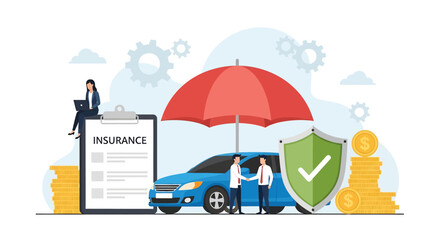 A car insurance concept showing agents and a car protected by an umbrella and shield, alongside a policy document and stacks of money, representing secure auto coverage © meeblues