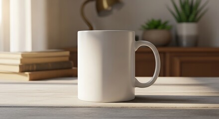Obraz premium A simple white mug sits on a wooden desk, bathed in warm sunlight, creating a sense of calm and